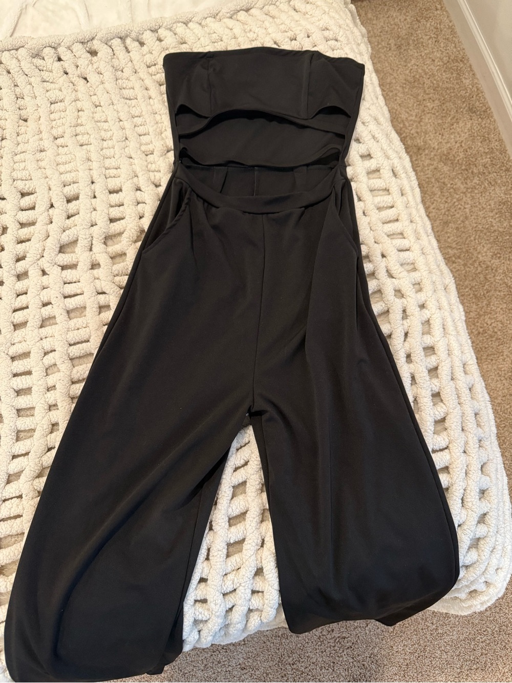 Open front Strapless Black Jumpsuit - Sleek Wide-Leg Design